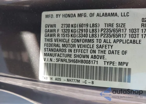 2017 Honda Odyssey Ex-L z USA, uszkodzony, nr VIN 5FNRL5H68HB008171
